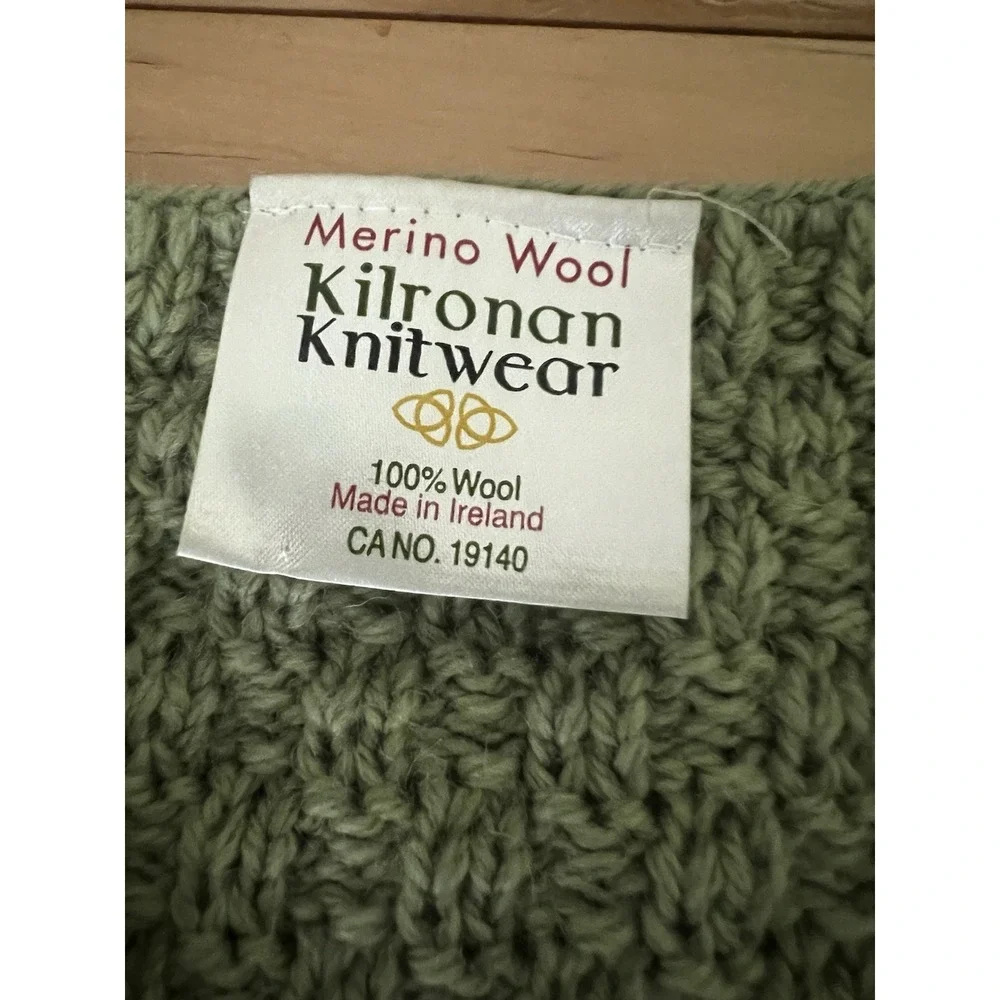 Kilronan Ireland Merino Wool Tree of Life Aran Cardigan Green Cable Knit M